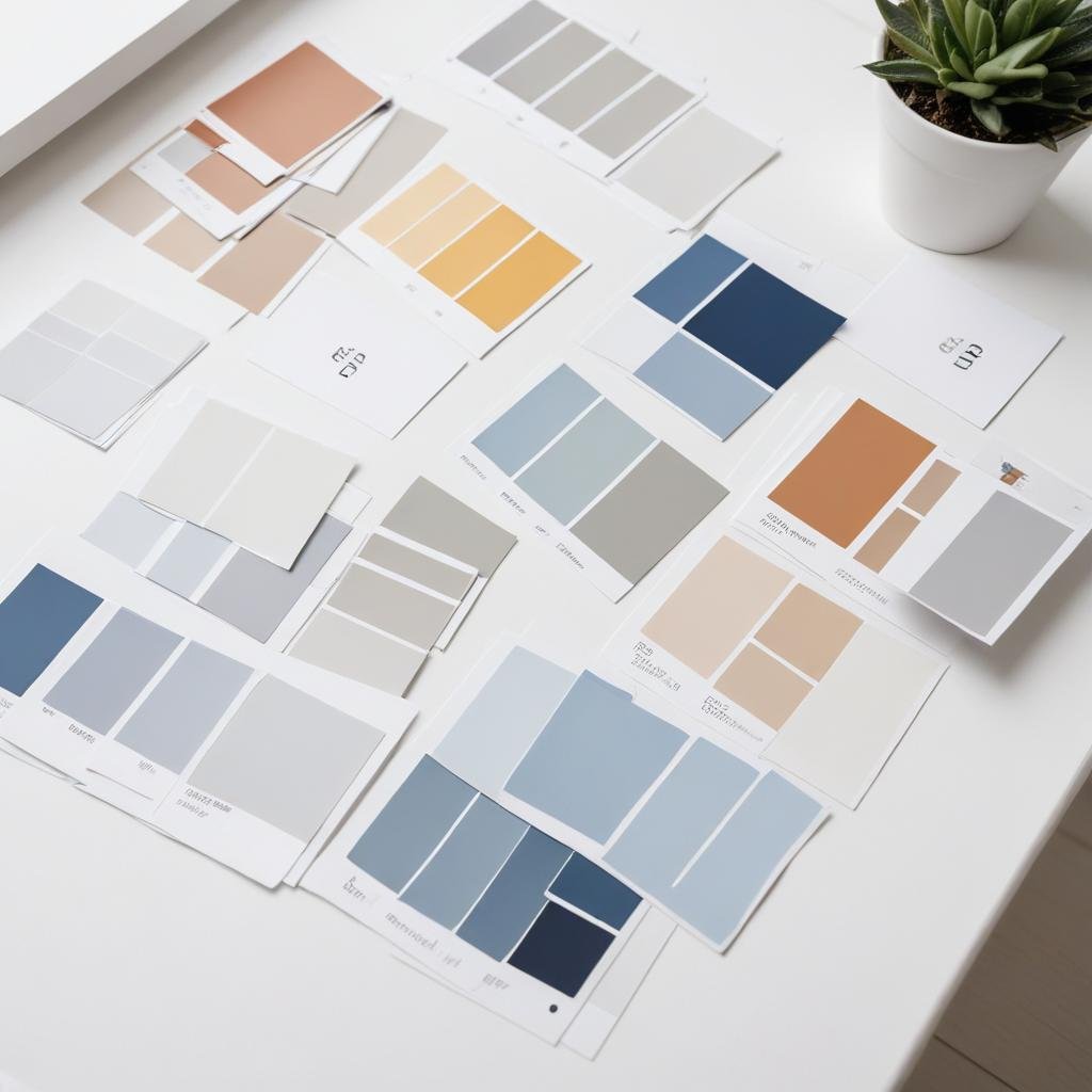 Brand colour swatches and paper samples in blues and warm neutrals