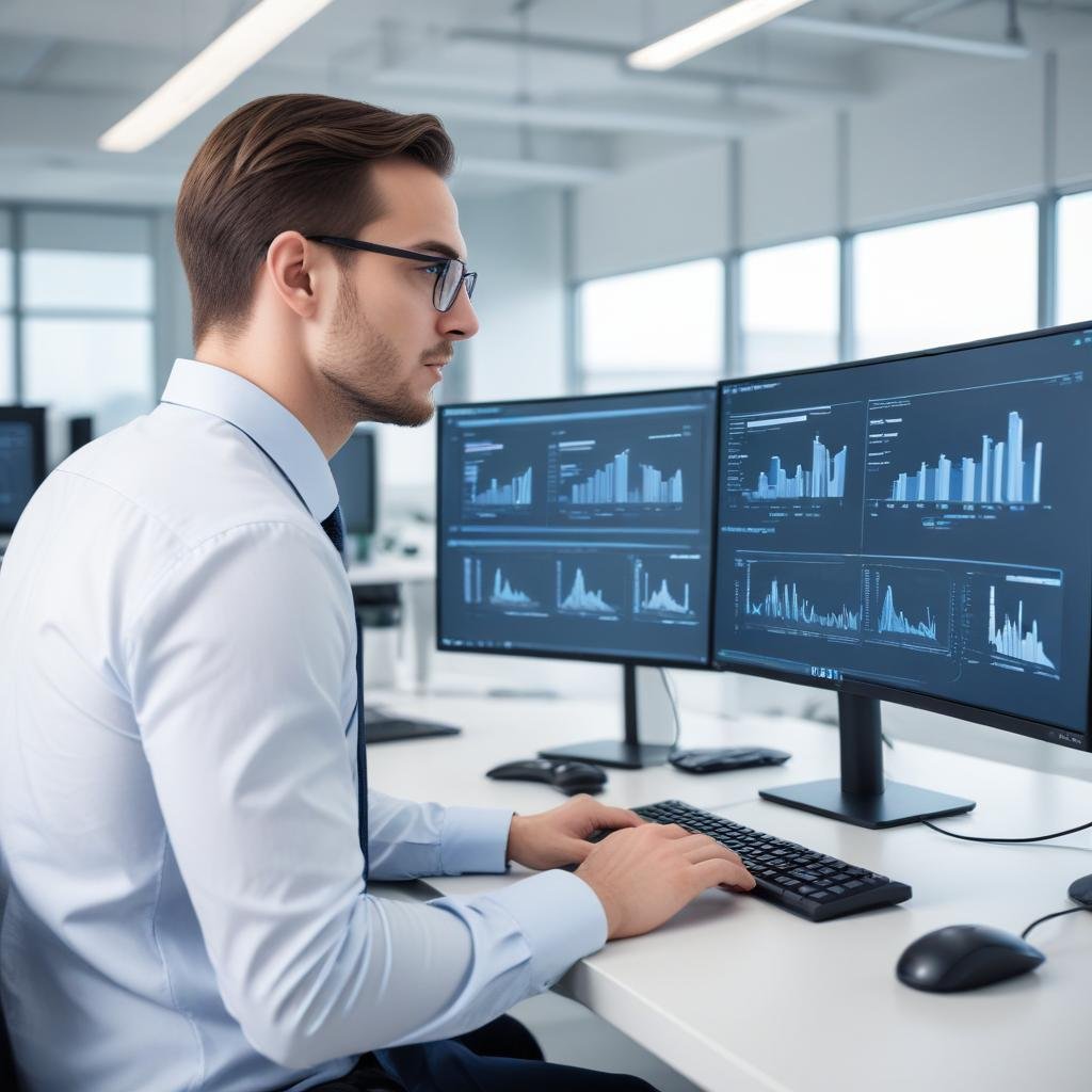 An engineer monitoring live dashboards across two monitors