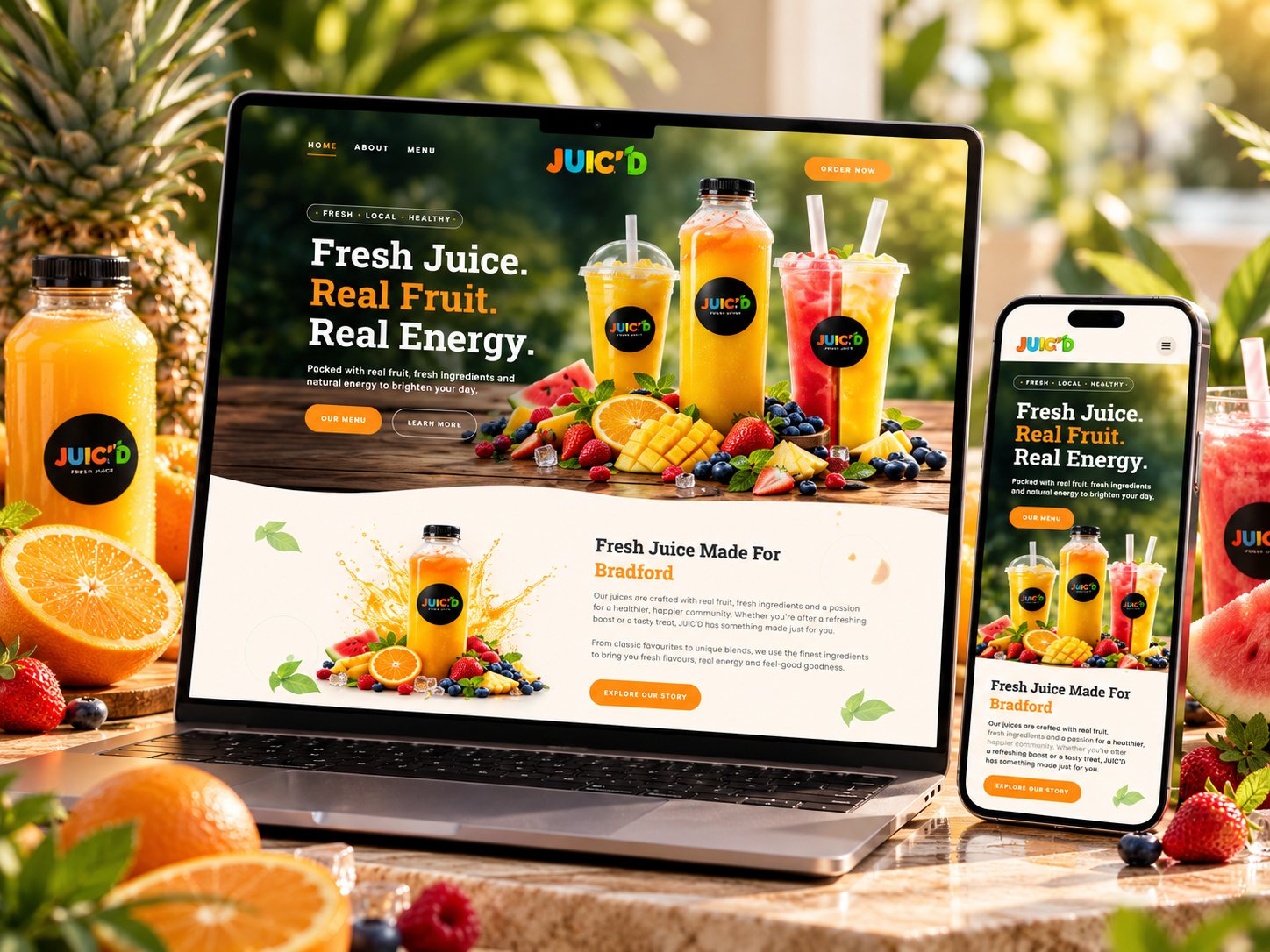 JUIC'D juice bar website on a laptop and phone, with the line 'Fresh Juice. Real Fruit. Real Energy.'